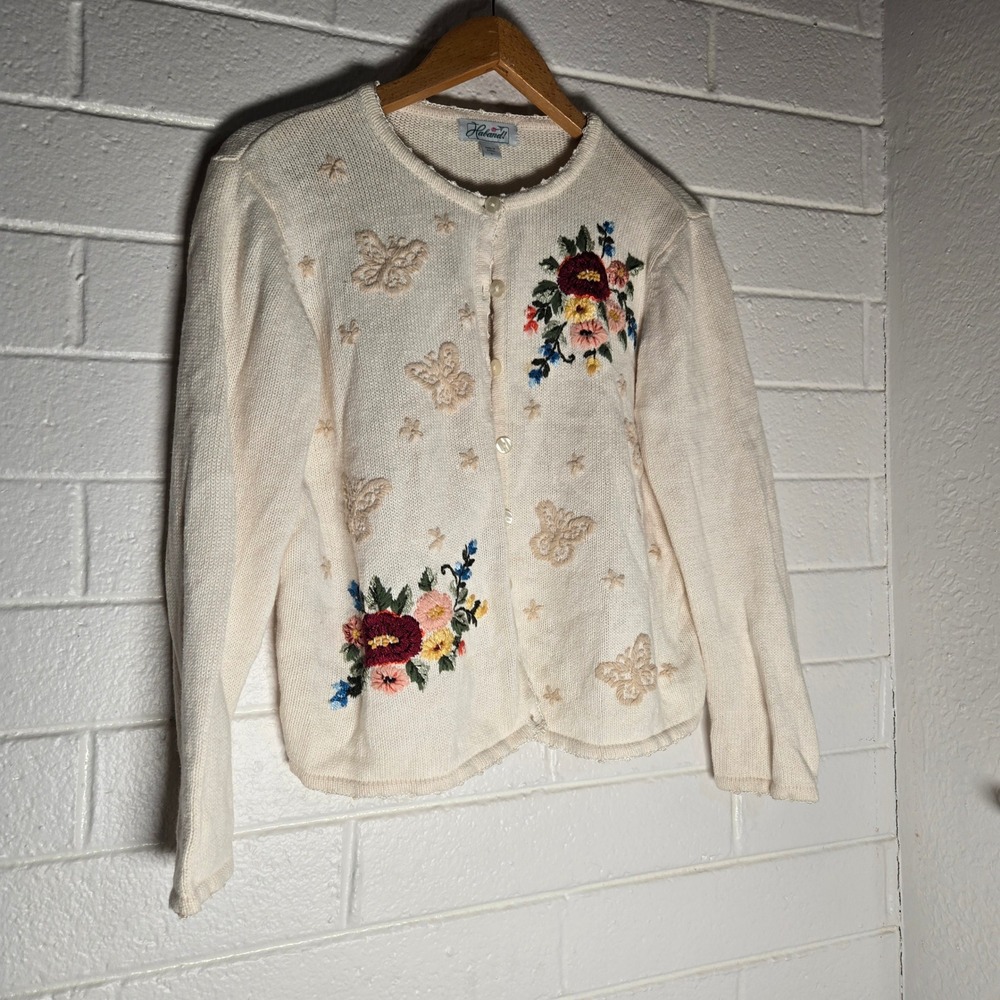 Vtg Cardigan Sweater Large Cream Floral Butterfly Embroidered Ramie Granny Artsy